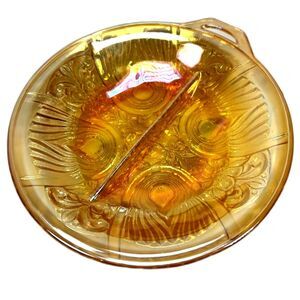 Federal Depression Glass Patrician “Spoke” Amber Divided Relish Dish 1930s Pair